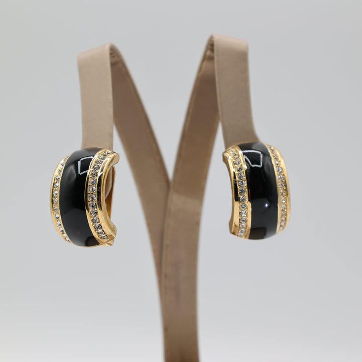 Christian Dior Vintage Gold Tone Black Enamel & Crystal Clip On Earrings