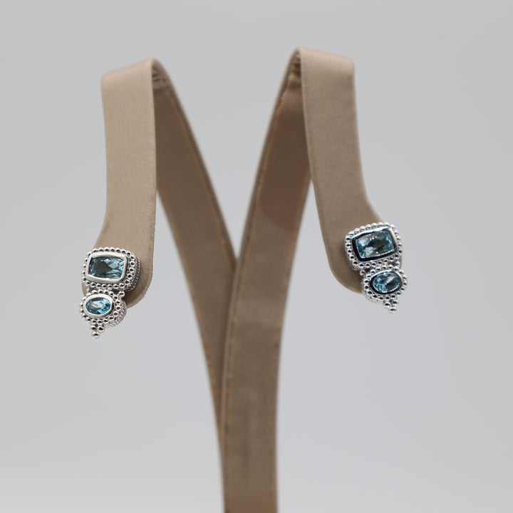 Judith Ripka Beaded Blue Topaz Drop Earrings Sterling Silver 925