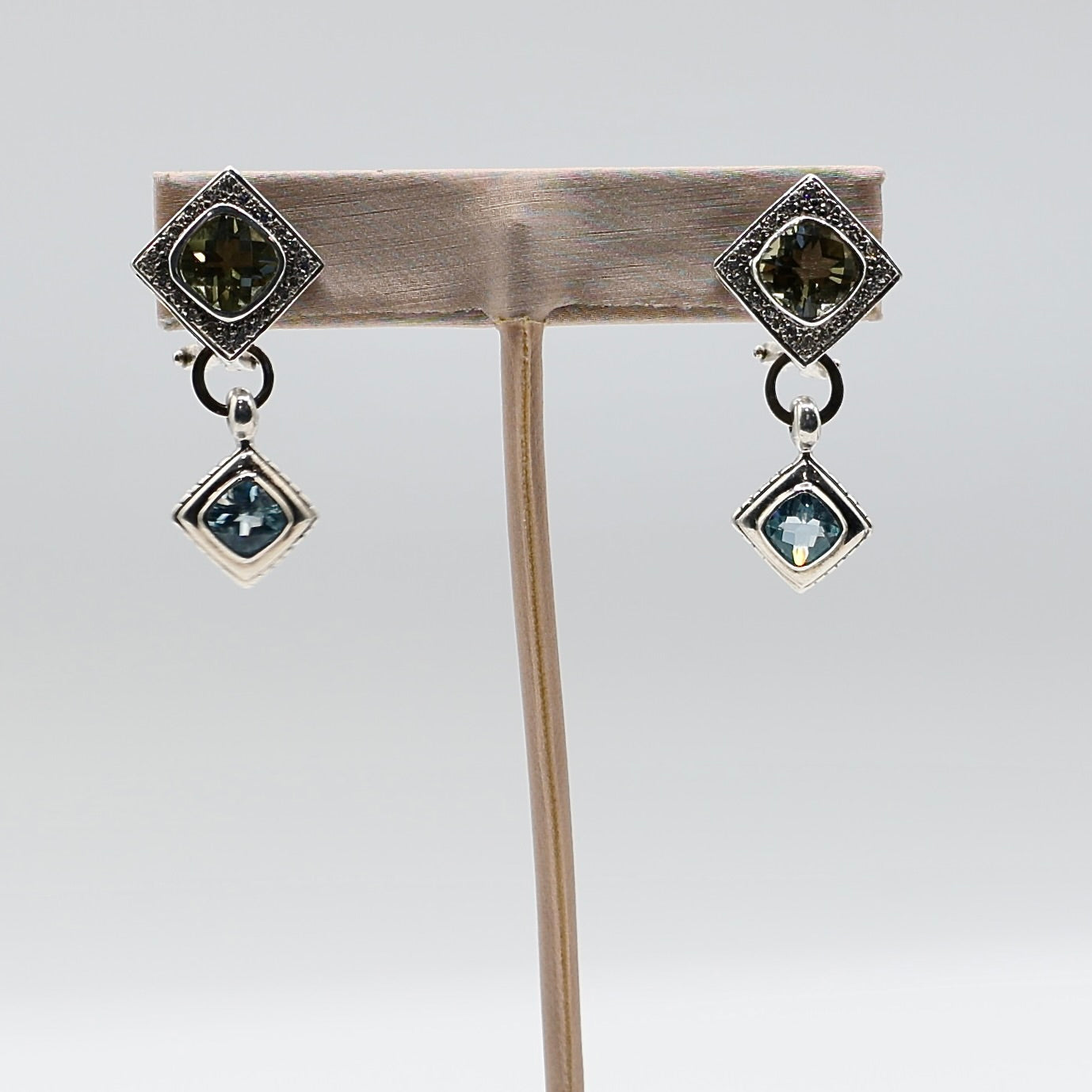 925 Sterling Silver and 14k Yellow Gold Peridot and Blue Topaz Dangle Earrings