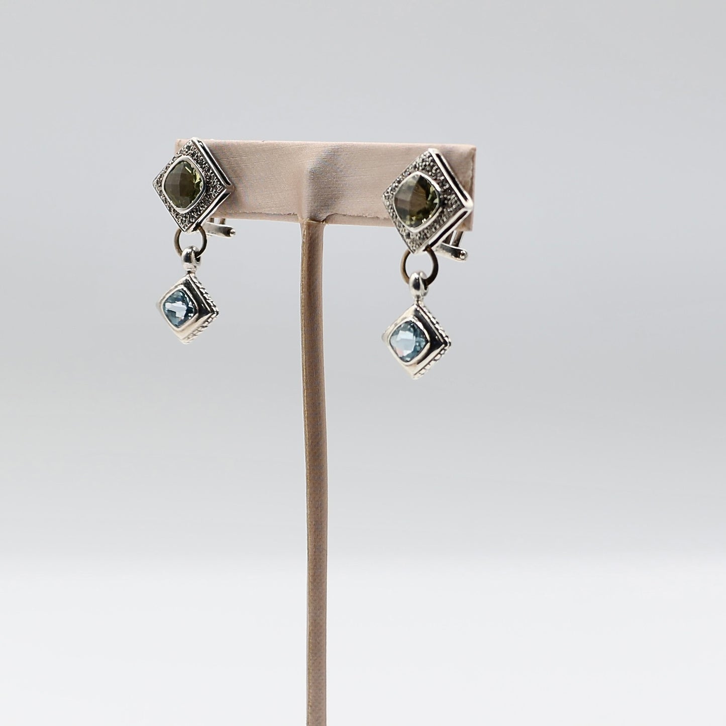 925 Sterling Silver and 14k Yellow Gold Peridot and Blue Topaz Dangle Earrings