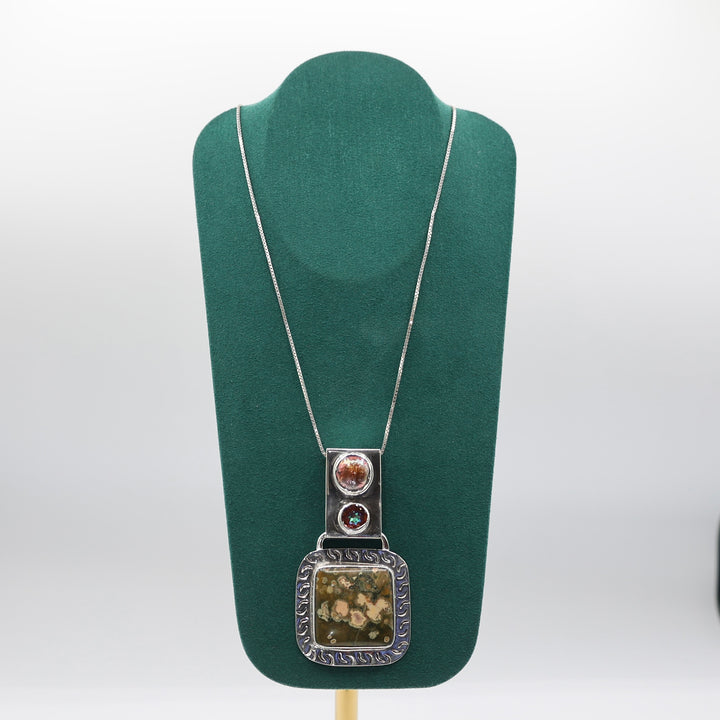 925 Sterling Silver Agate and Gemstones Signed Pendant (Necklace Not Included)