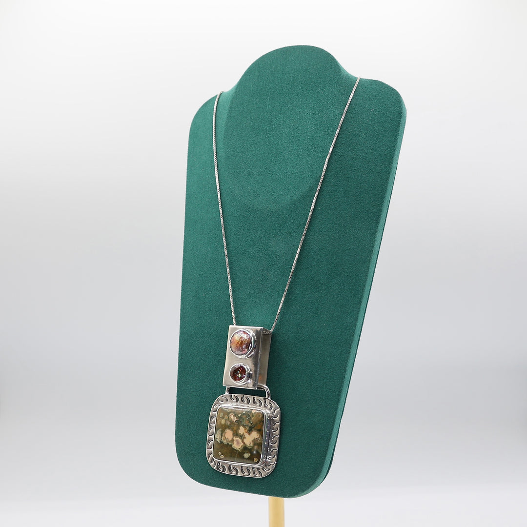 925 Sterling Silver Agate and Gemstones Signed Pendant (Necklace Not Included)