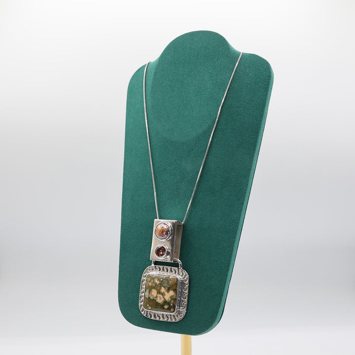 925 Sterling Silver Agate and Gemstones Signed Pendant (Necklace Not Included)