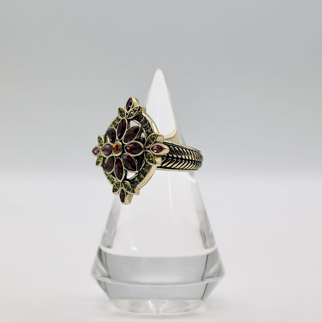 Brass Heidi Daus Green, Purple, Yellow, Rhinestone Ring - Size 10.25