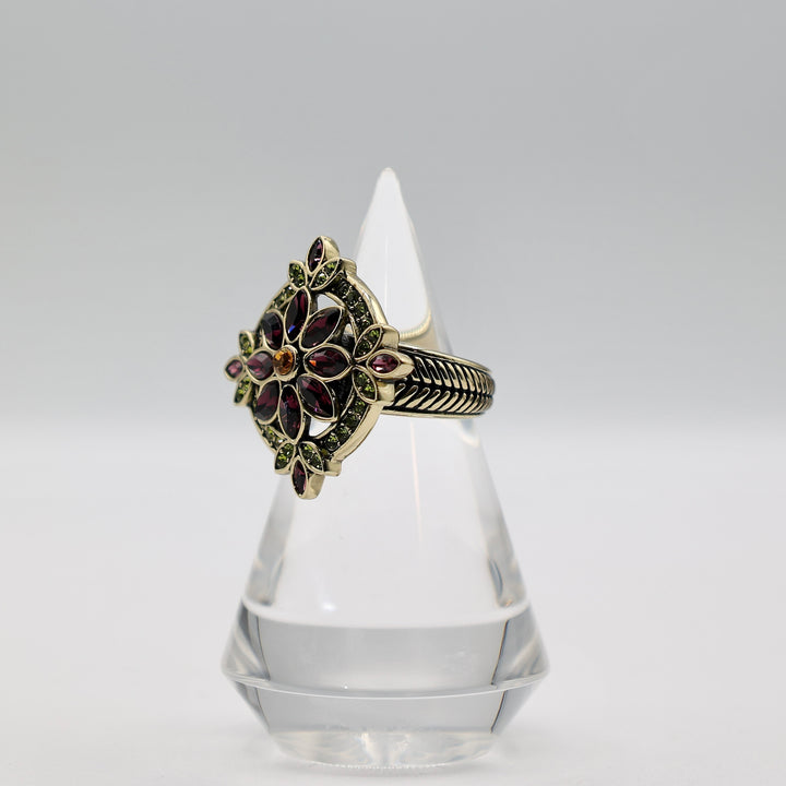 Brass Heidi Daus Green, Purple, Yellow, Rhinestone Ring - Size 10.25