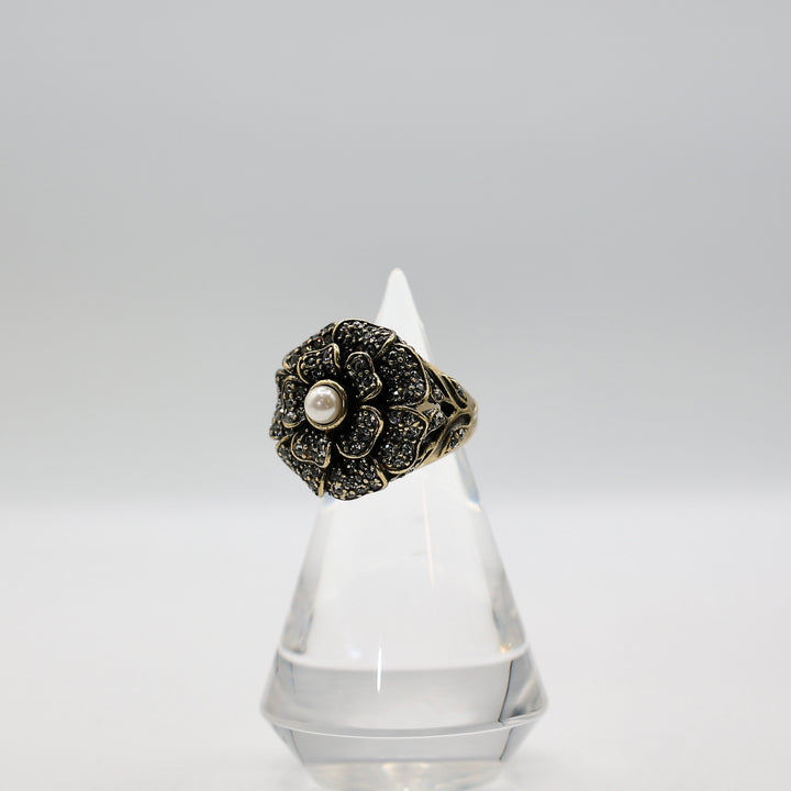 Brass Heidi Daus Rhinestone and Faux Pearl Ring - Size 7