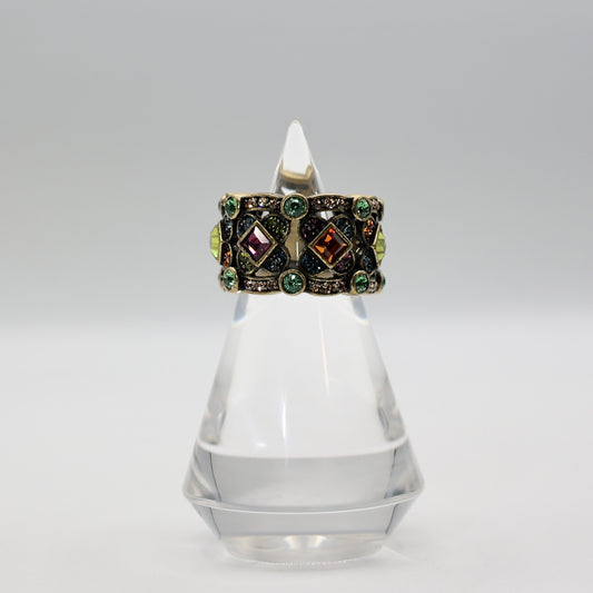 Brass Heidi Daus Art Deco Style Cigar Band Ring with Multi-Colored Crystal Stones - Size 10