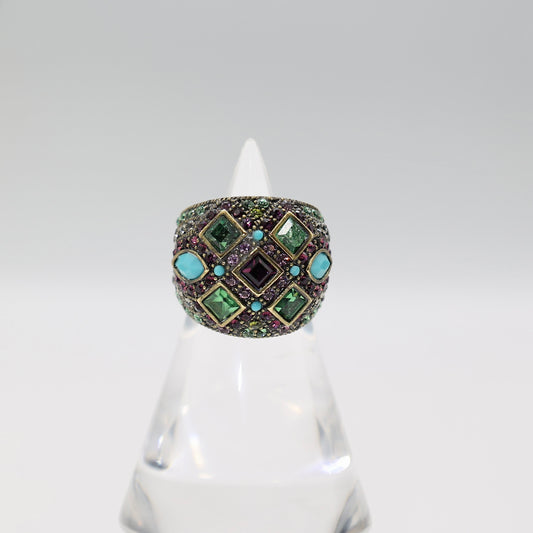 Brass Heidi Daus Rhinestone and Turquoise Ring - Size 7