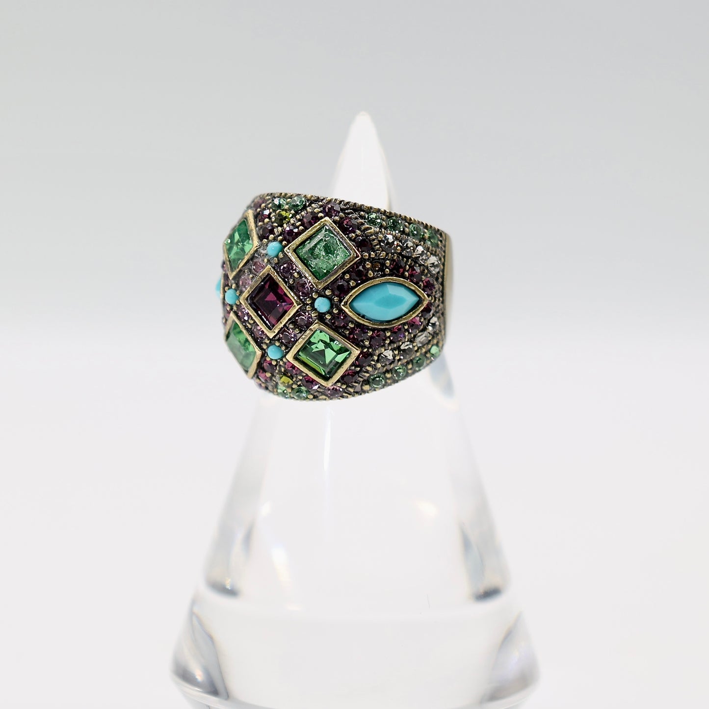 Brass Heidi Daus Rhinestone and Turquoise Ring - Size 7