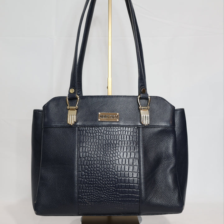 Jimmy Choo Textured Leather Crocodile Embossed Navy Blue Handbag