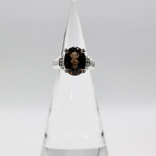 925 Sterling Silver Judith Ripka Smokey Quartz and Cubic Zirconia Ring - Size 9.25