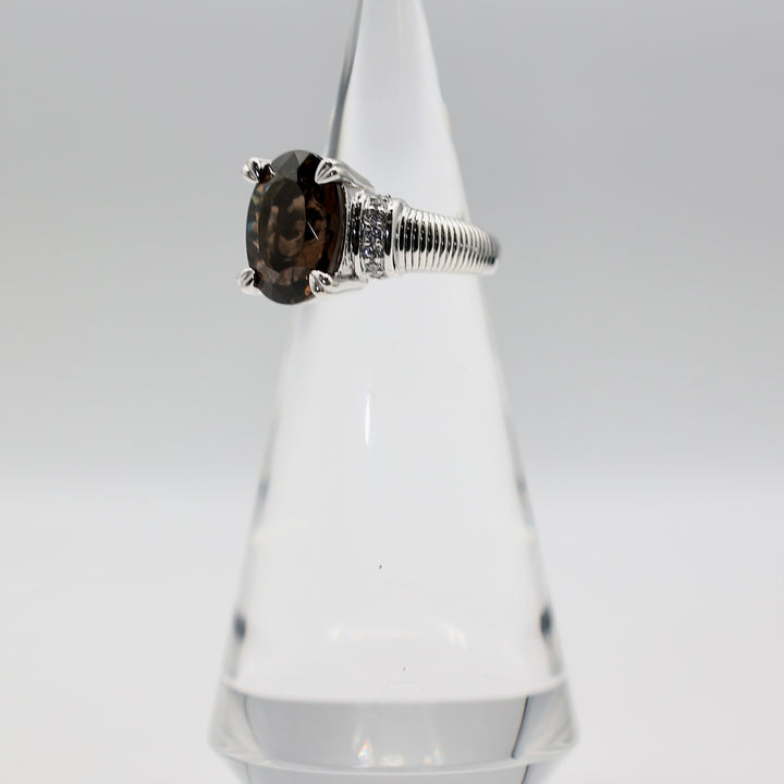 925 Sterling Silver Judith Ripka Smokey Quartz and Cubic Zirconia Ring - Size 9