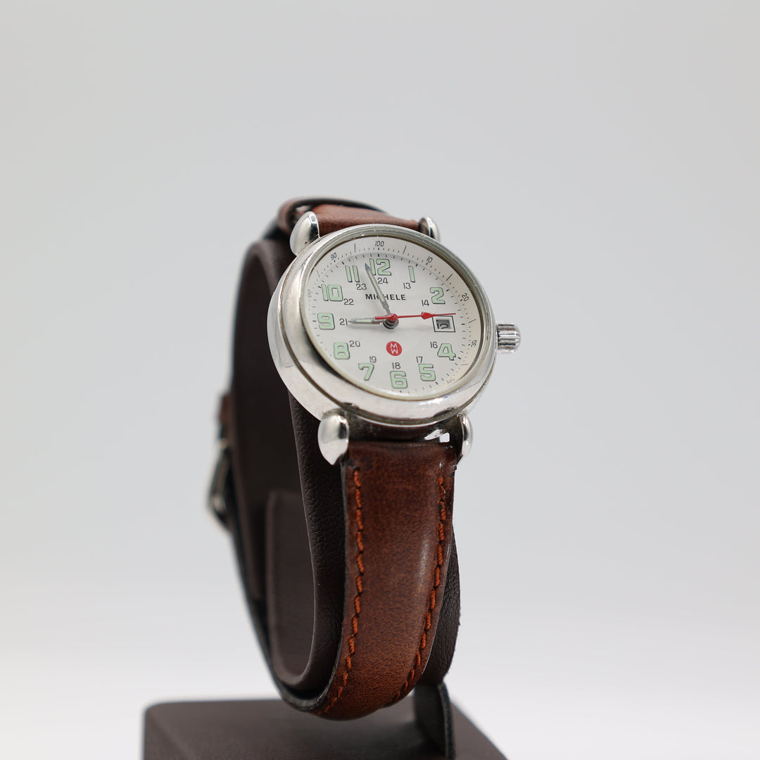 Michele Stainless Steel & Brown Leather Watch