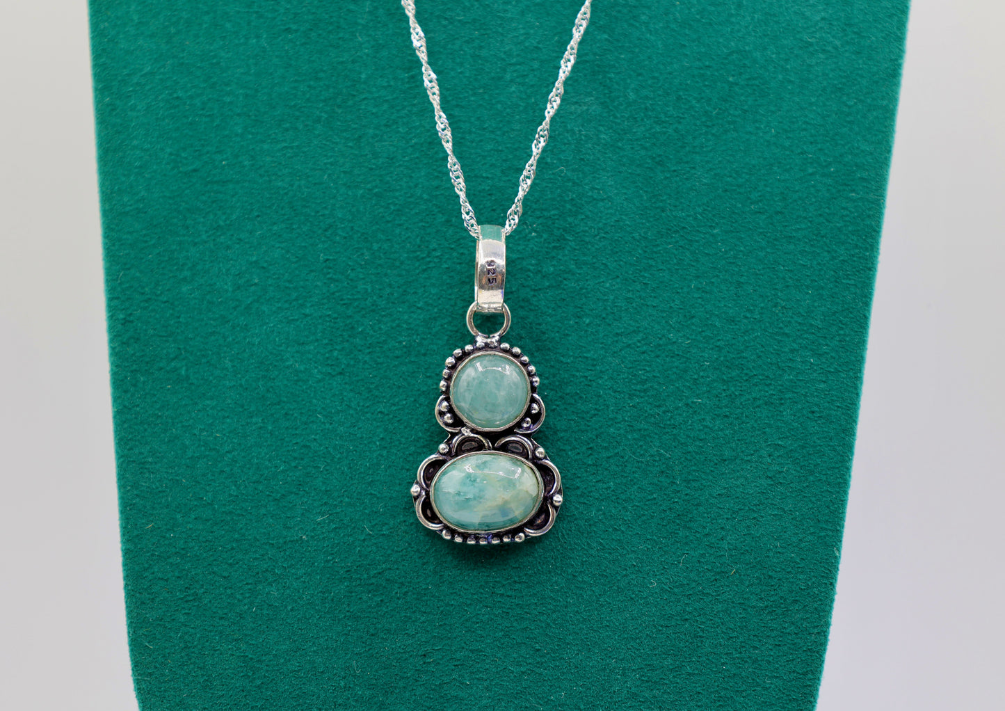 925 Silver Toned Two Aquamarine Stone Necklace