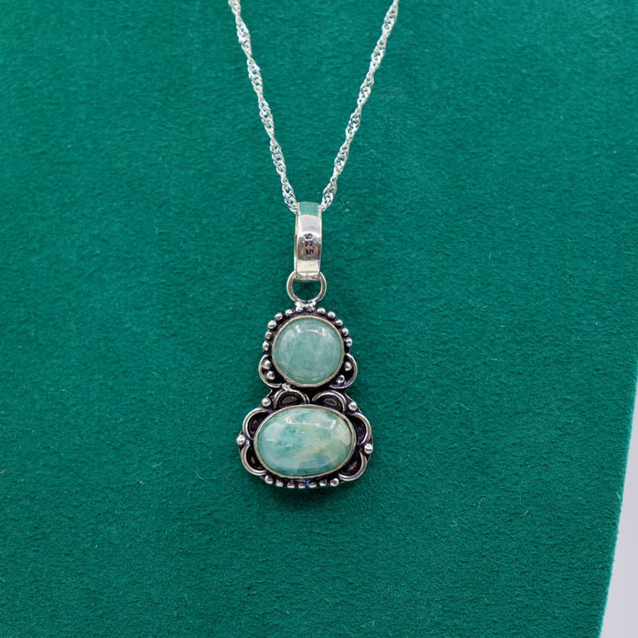 925 Silver Toned Two Aquamarine Stone Necklace