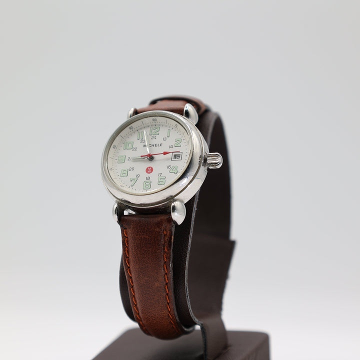 Michele Stainless Steel & Brown Leather Watch