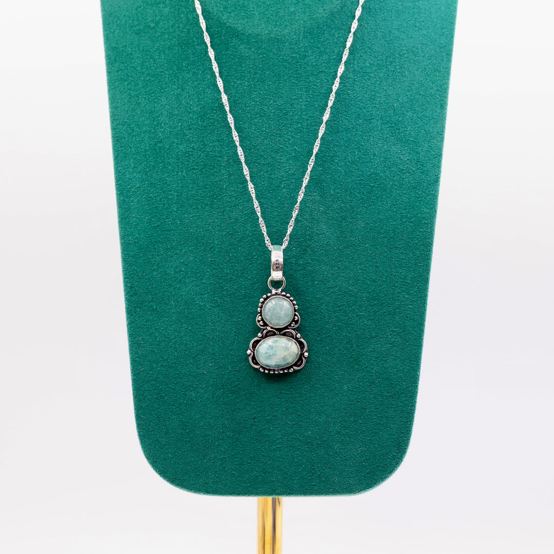 925 Silver Toned Two Aquamarine Stone Necklace