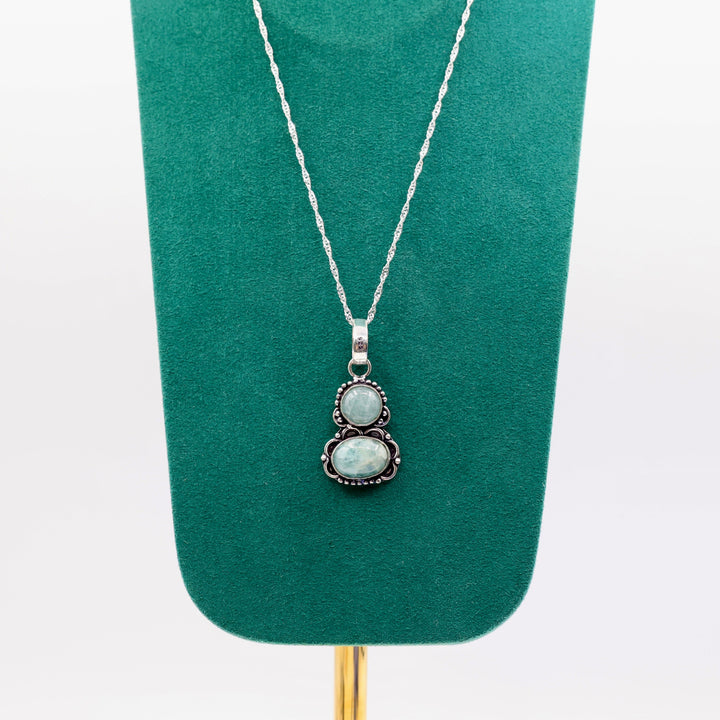 925 Silver Toned Two Aquamarine Stone Necklace