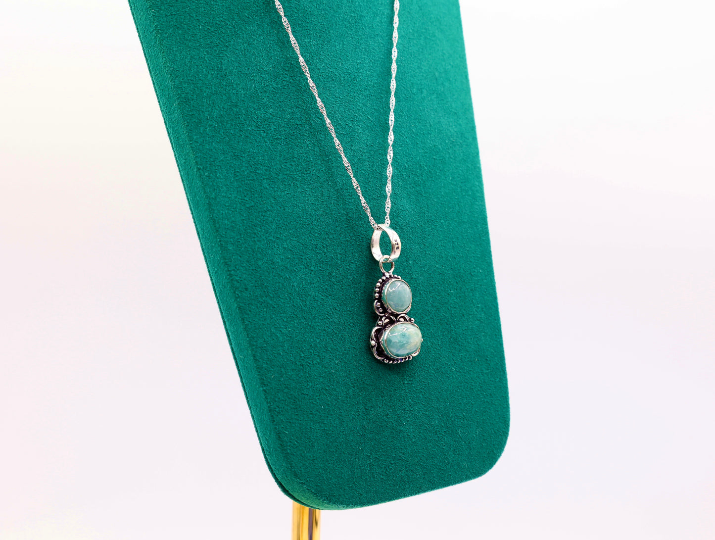 925 Silver Toned Two Aquamarine Stone Necklace