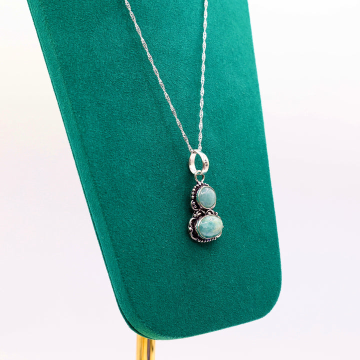925 Silver Toned Two Aquamarine Stone Necklace