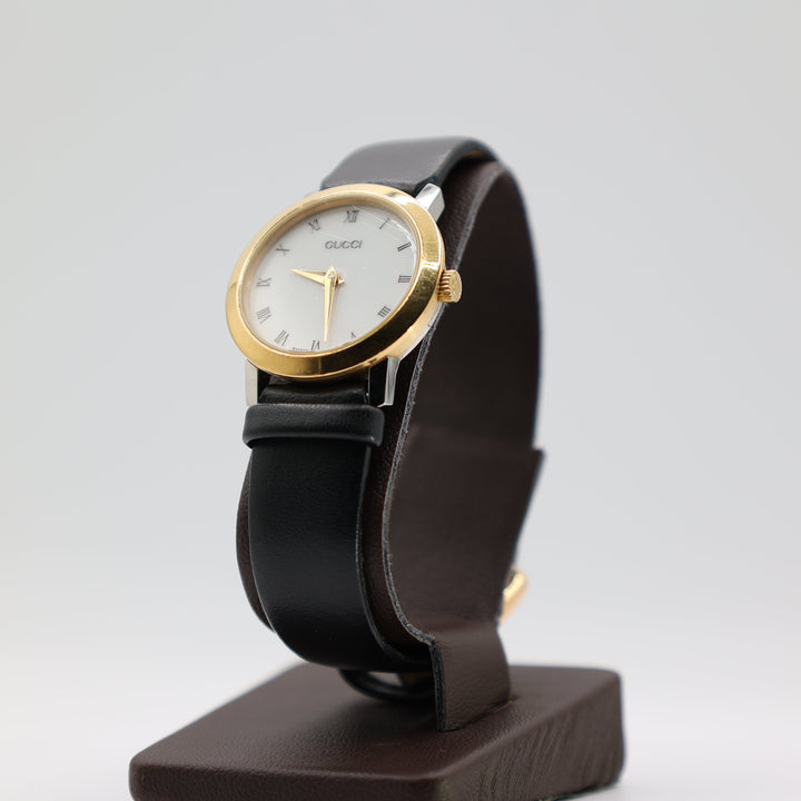Gucci 2200L Gold Plated & Black Leather Watch