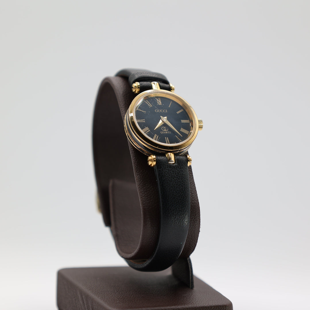 Gucci Swiss Made Quartz Gold Tone Black Leather Watch