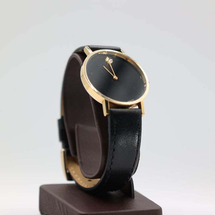 Movado Swiss Zenith Black Gold Tone Leather Watch For Men