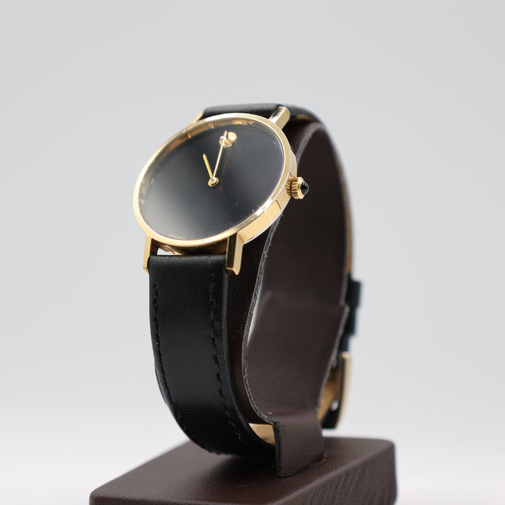 Movado Swiss Zenith Black Gold Tone Leather Watch For Men