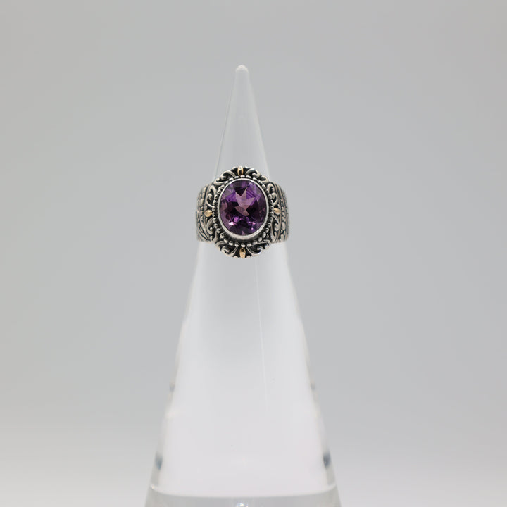 925 Sterling Silver & 18k Gold Accents Amethyst Ring Size 6