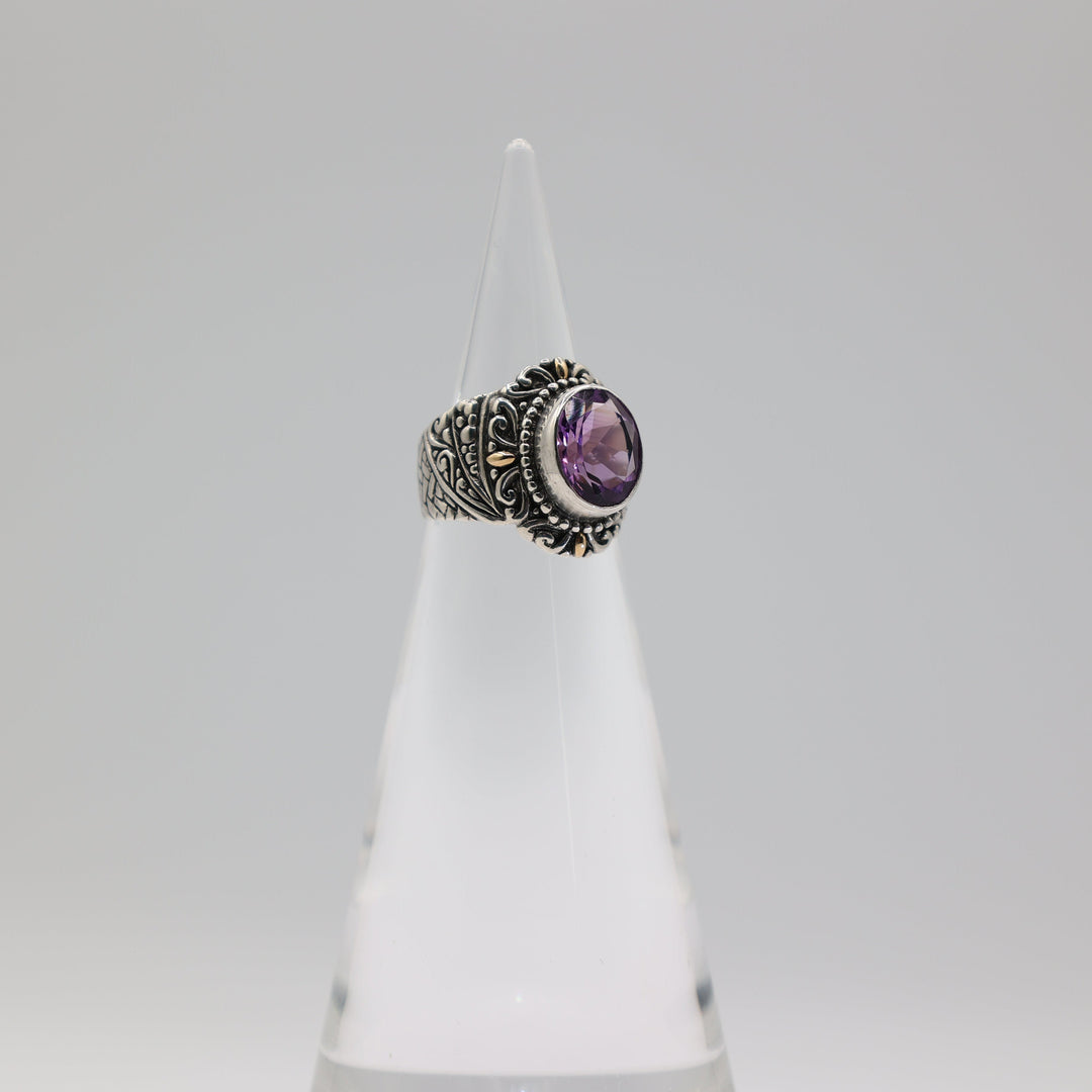 925 Sterling Silver & 18k Gold Accents Amethyst Ring Size 6