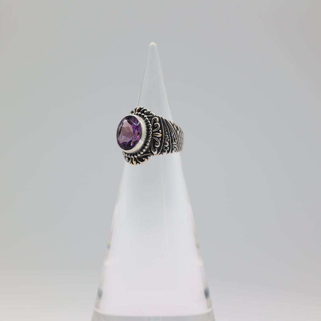 925 Sterling Silver & 18k Gold Accents Amethyst Ring Size 6