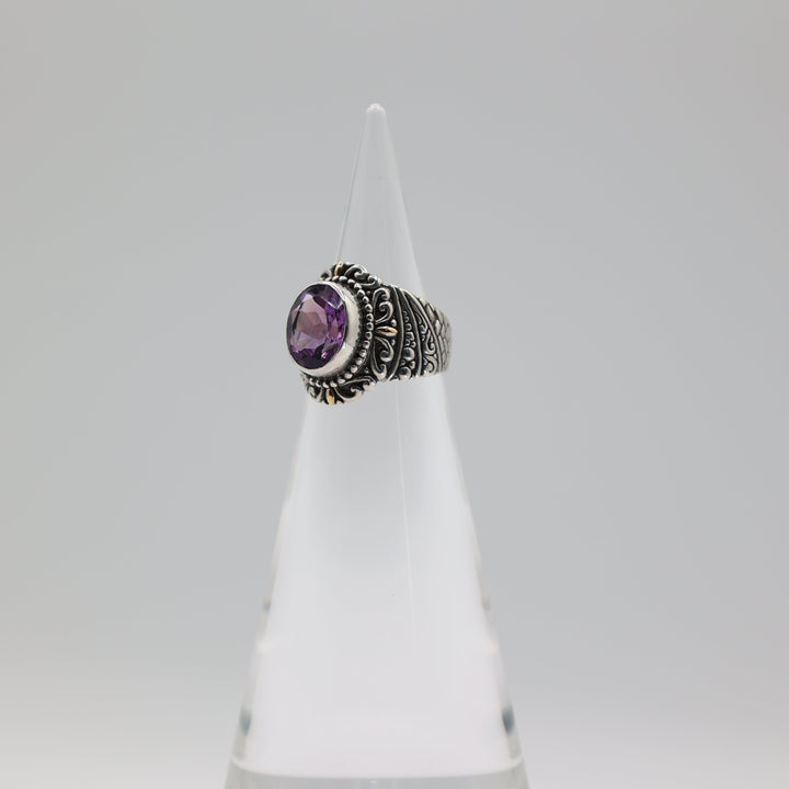 925 Sterling Silver & 18k Gold Accents Amethyst Ring Size 6