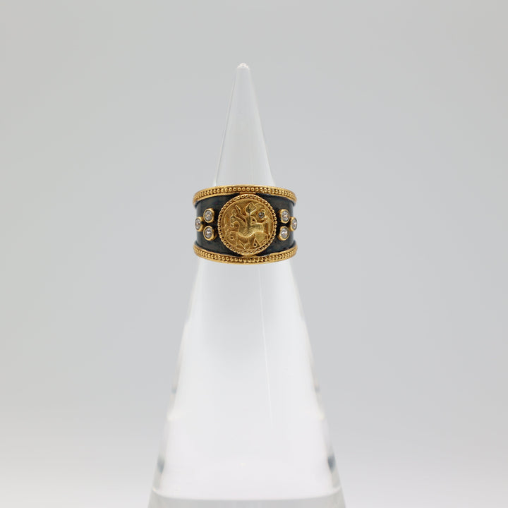 Julie Vos Gold Tone Raised Circular Emblem Coin Crest CZ Cuff Ring Size 7