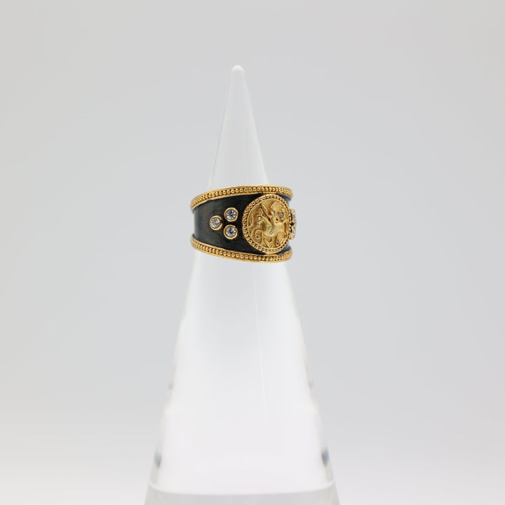 Julie Vos Gold Tone Raised Circular Emblem Coin Crest CZ Cuff Ring Size 7
