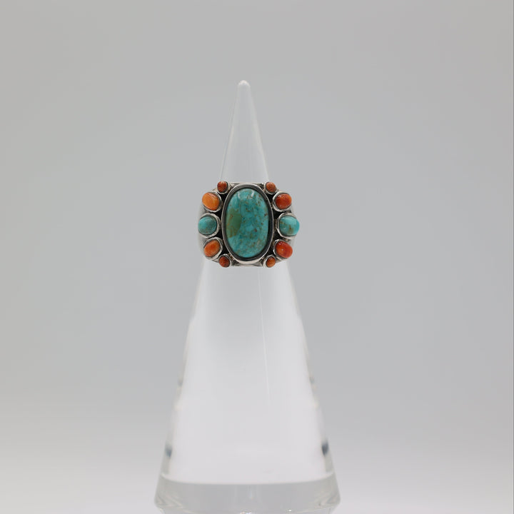 925 Sterling Silver Barse Turquoise & Coral Ring Size 6.5