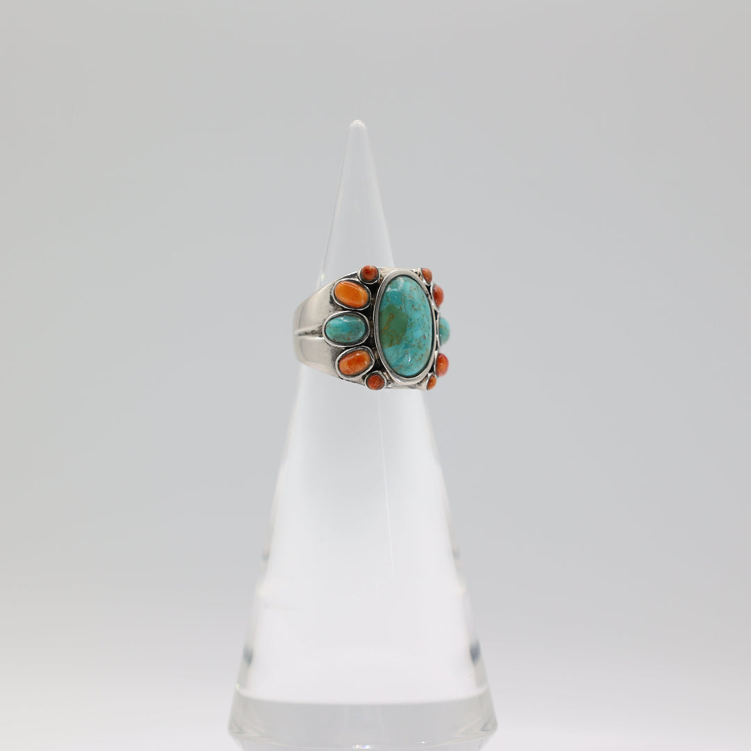 925 Sterling Silver Barse Turquoise & Coral Ring Size 6.5