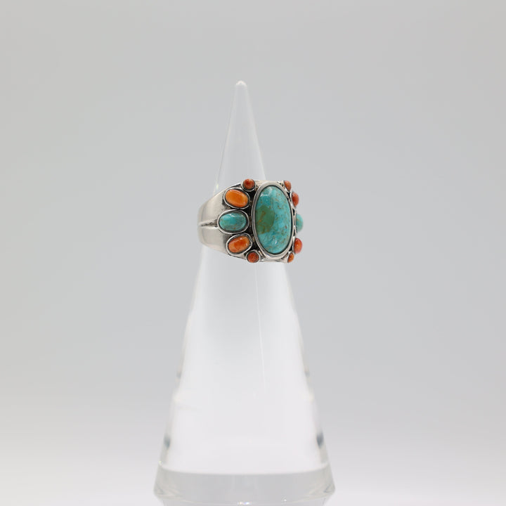 925 Sterling Silver Barse Turquoise & Coral Ring Size 6.5