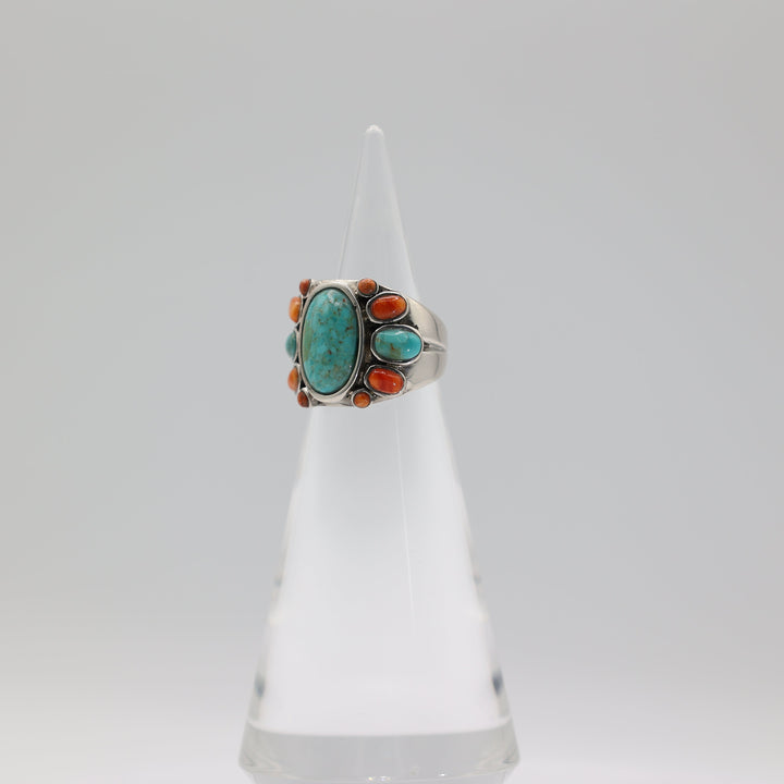925 Sterling Silver Barse Turquoise & Coral Ring Size 6.5