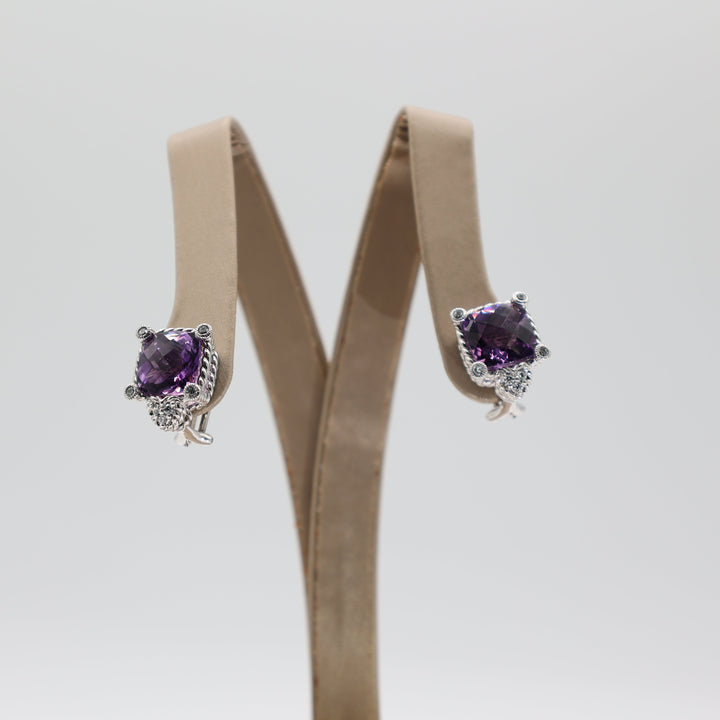 Judith Ripka 925 Sterling Silver Amethyst And CZ Square Stud Earrings