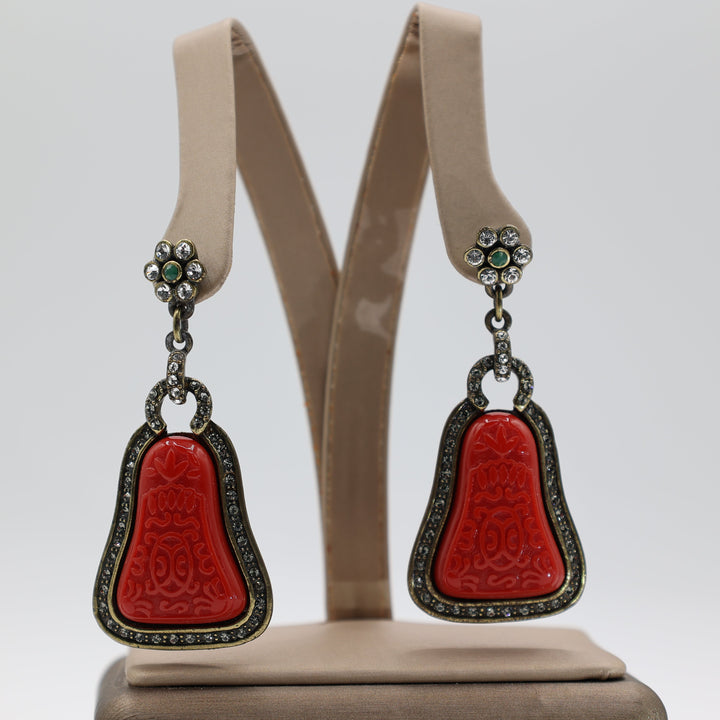 Heidi Daus "Eastern Inspired" Red & Green Crystal Flower Enamel Drop Earrings