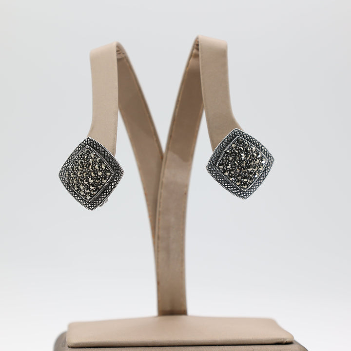 925 Sterling Silver Marcasite Square Clip On Earrings