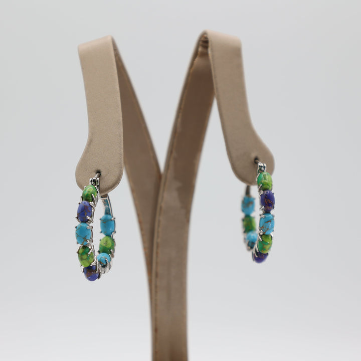 925 Sterling Silver Blue, Green & Purple Beaded Turquoise Hoop Earrings
