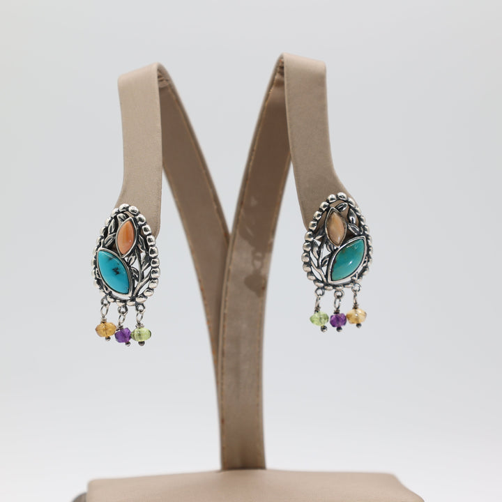 925 Sterling Silver Southwest Style Turquoise & Coral Dangle Earrings