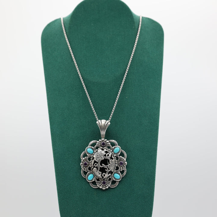925 Sterling Silver Amethyst, Turquoise, & Onyx Flower Pendant Necklace