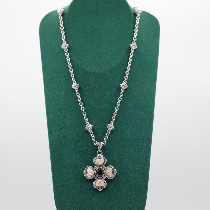 Judith Ripka Sterling Silver CZ Pink Mother of Pearl Smoky Quartz Cross Necklace