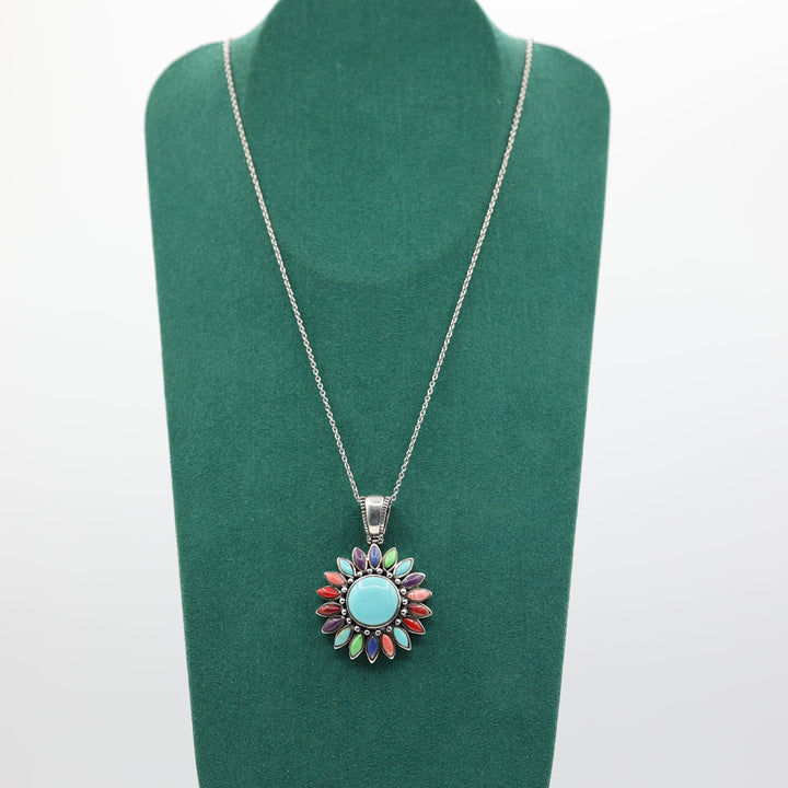 925 Sterling Silver Southwestern Turquoise Multicolor Sunburst Cluster Necklace