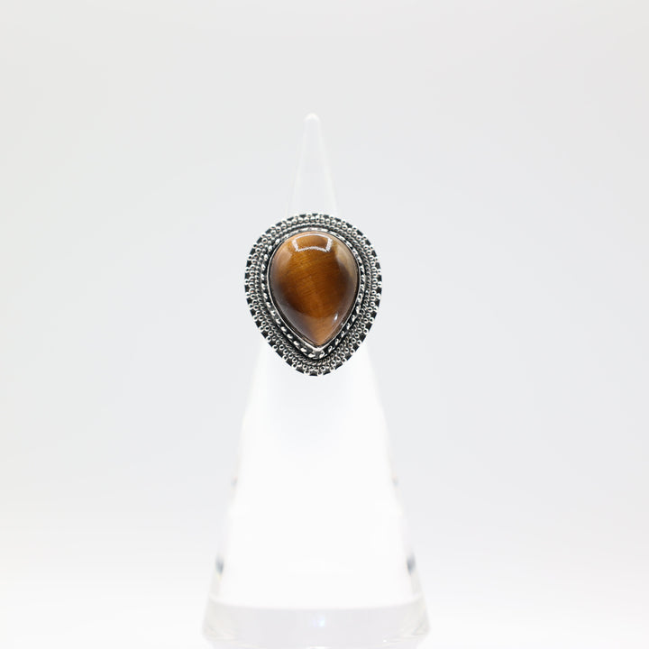 925 Sterling Silver Band Ring with Pear Cut 20x15mm Tigers Eye Stone Size 7.5