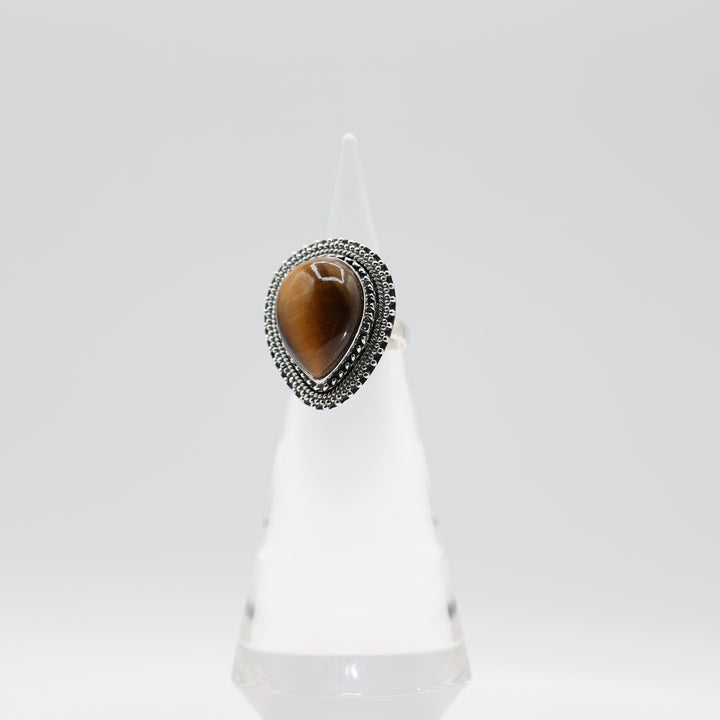 925 Sterling Silver Band Ring with Pear Cut 20x15mm Tigers Eye Stone Size 7.5