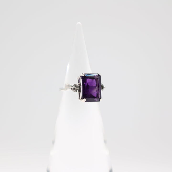 925 Sterling Silver Emerald Cut Amethyst Stone Ring with Round White Spinel Accents Size 7
