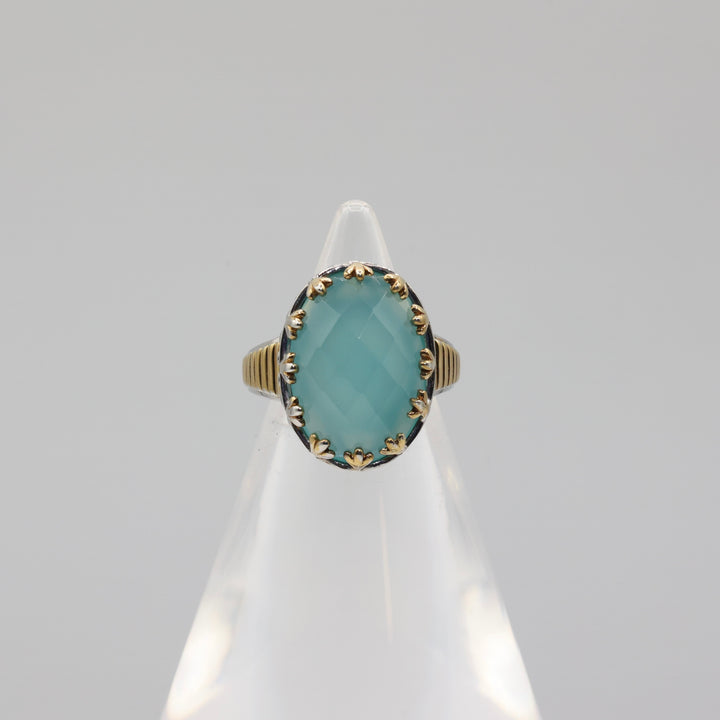 Chalcedony Solitaire Oval Stone with Gold Accents Ring Size 5
